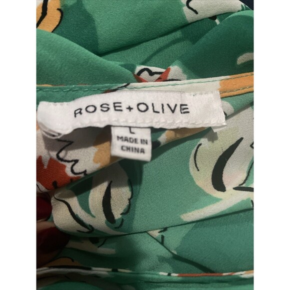 Rose Olive Blouse Womens Green Floral Long Bell Sleeve Scoop Neck Boho Top SZ L - Picture 9 of 9
